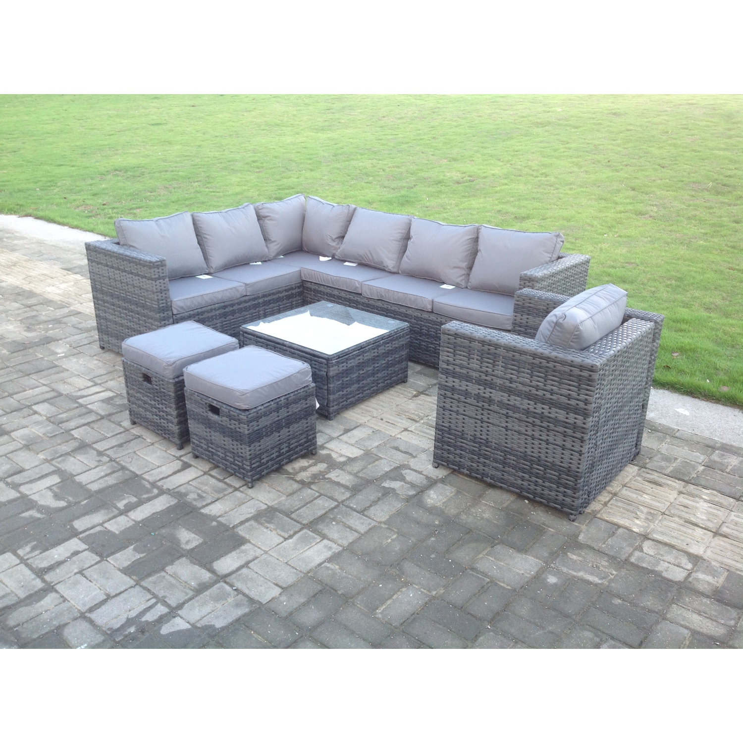 Fimous Rattan Corner Sofa Set Square Coffee Table Stools