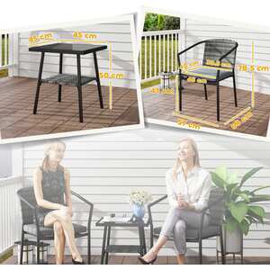 Midi Grey Rattan 3-Piece Bistro Set with Cushions and Glass Table