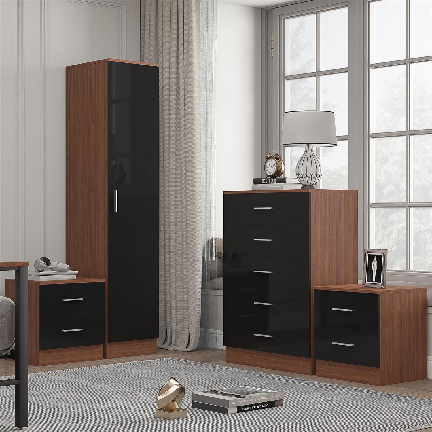 B&Q - 1 Door Plain Wardrobe5 Drawer Chest2X 2 Drawer BedsidesBlack Gloss & WalnutModern Bedroom Furniture Set - Image 6