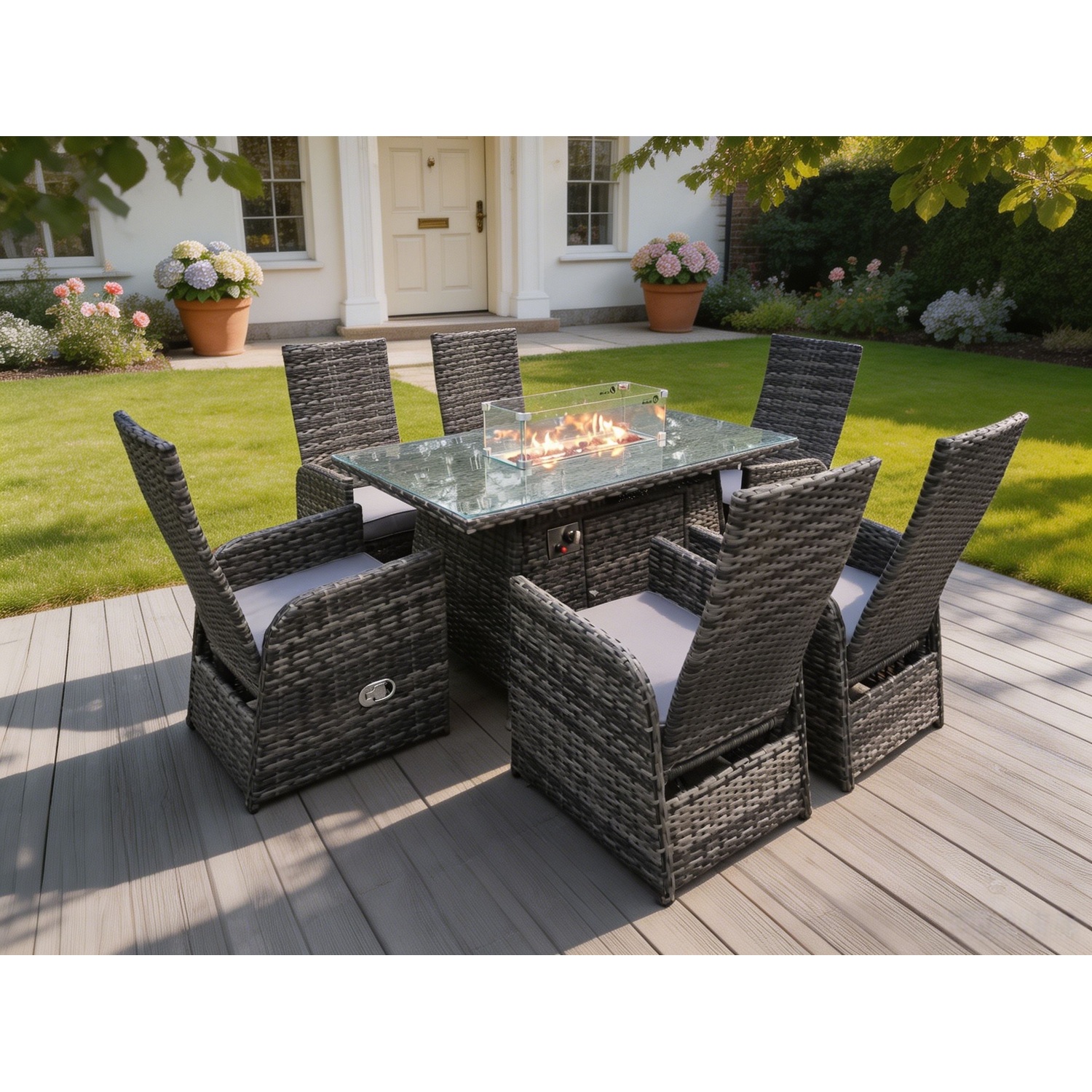 Rackhams Dark/Grey Rattan Garden Furniture Gas Fire Pit Rectangle Oblong Dining Table And Chairs 6 Seater Plus Rectangular Table - Image 2