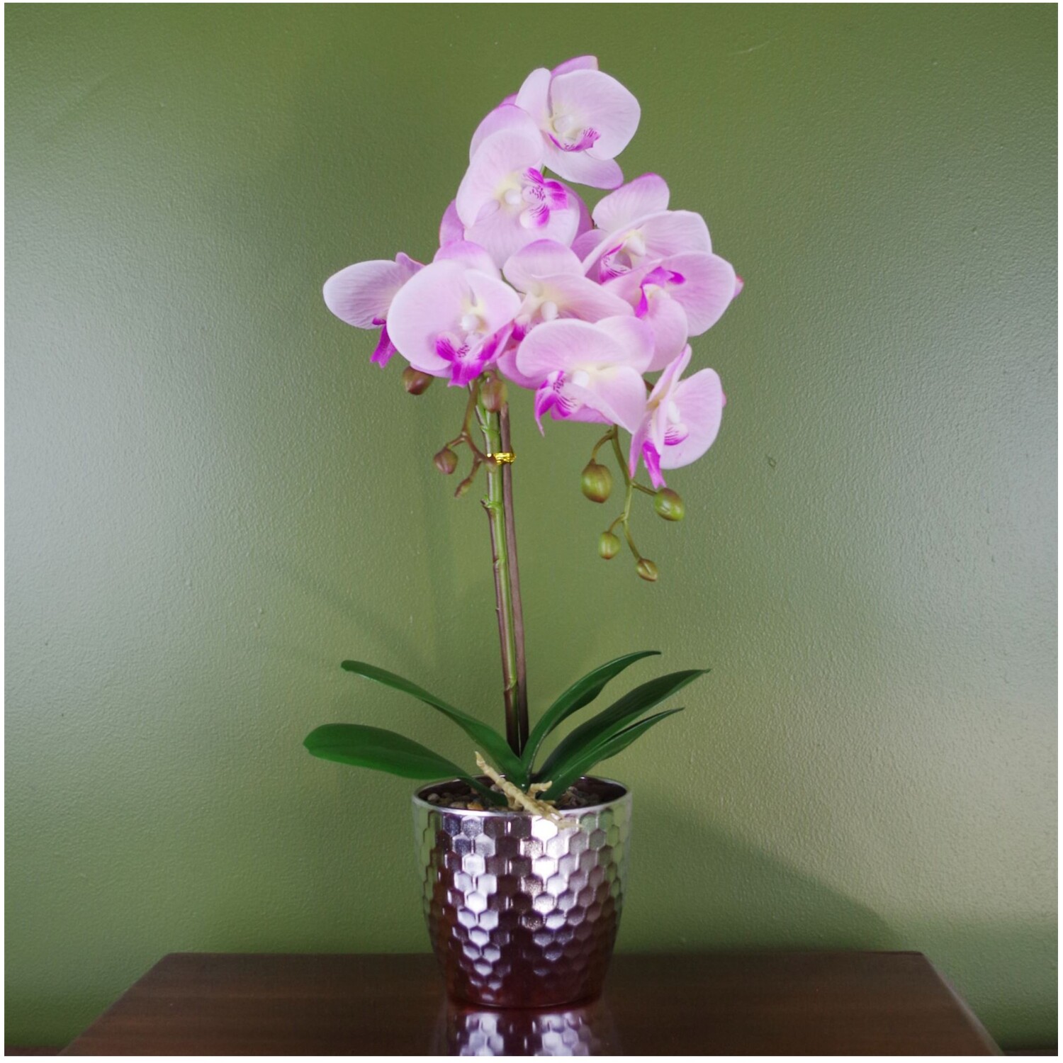 50cm Real Touch Artificial Orchid in Silver Honeycomb Pot - Light Pink
