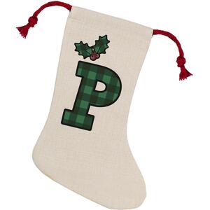 Green Tartan Alphabet Letter P Stocking - Novelty Xmas Gift - Linen-Style With Red Drawstring Ties
