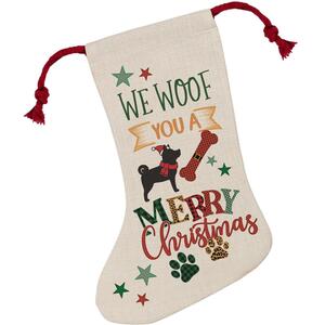 We Woof You A Merry Christmas Stocking - Novelty Xmas Gift - Linen-Style With Red Drawstring Ties