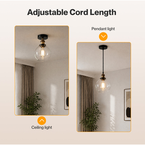 2PCS Ceiling Pendant Light Industrial Glass LampShade Adjustable Cable