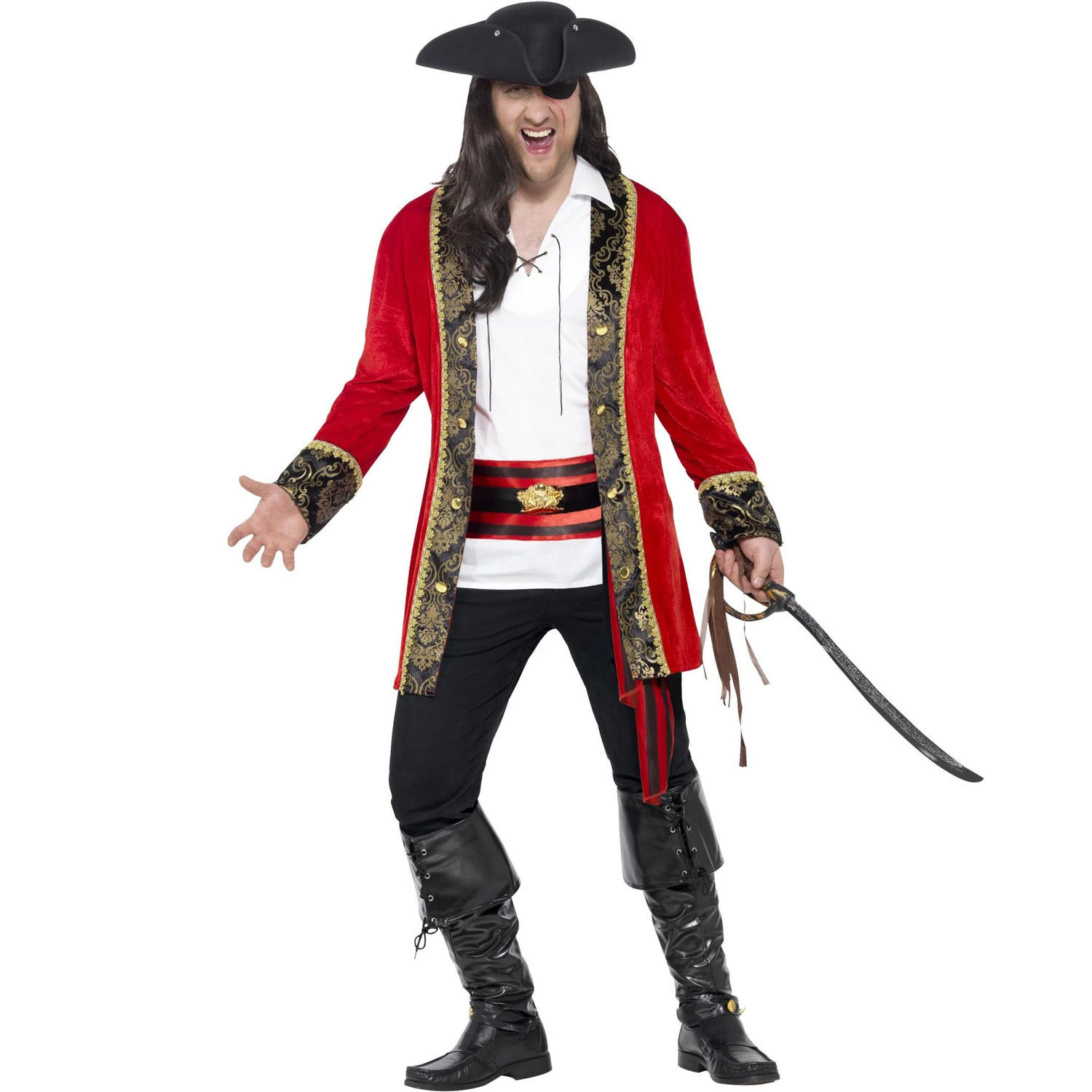 Smiffys Mens Curves Pirate Captain Costume Set - Red/White/Black / Xxl