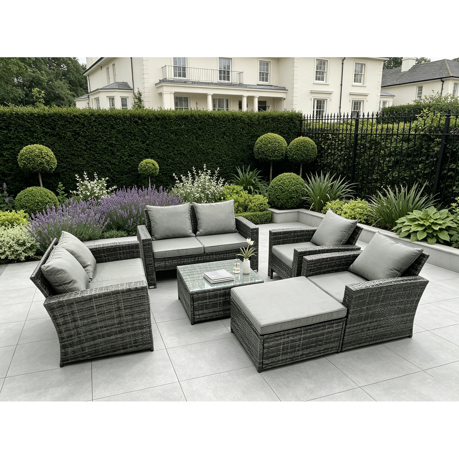 Fimous High Back Rattan Sofa Set Outdoor Furniture Square Coffee Table - Dark Grey Mixed