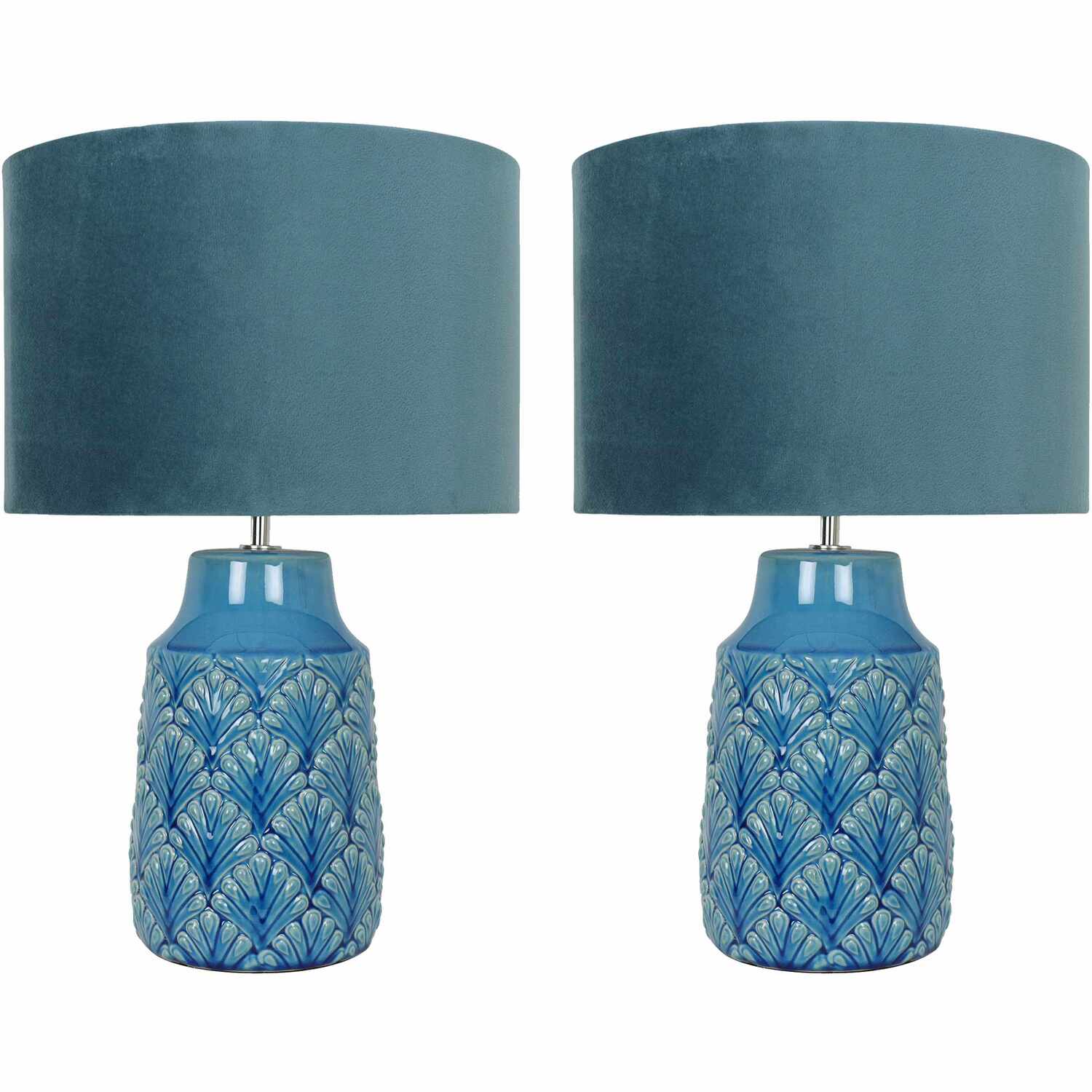 First Choice Lighting Set Of 2 Peacock Table Lamp With Shades - Teal & Teal