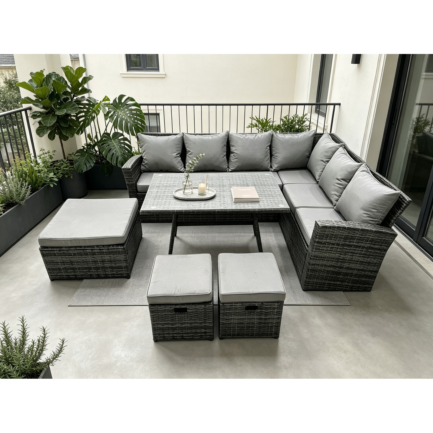 B&Q - 9 Seater High Back Rattan Garden Furniture Set Corner Sofa With Oblong Dining Table Big And Small Stool - Image 2