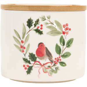 Festive Robin Ceramic Stacking Canister with Bamboo Lid