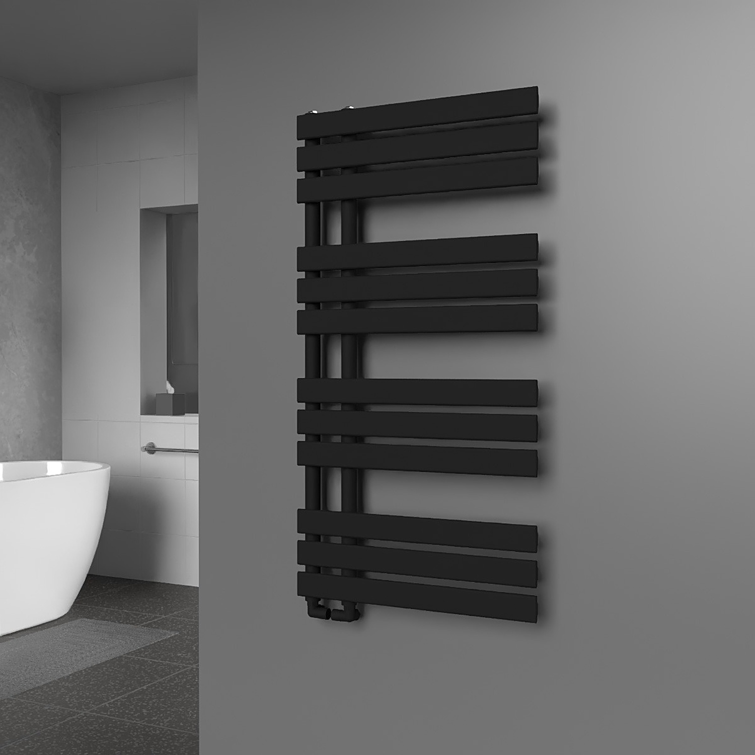 B&Q -  Black Open-Flat Designer Towel Radiator 1180mm (H) X 600mm (W) - Image 2