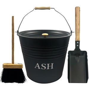 Metal Ash Bucket with Lid and Fireside Coal Shovel and Brush Kit