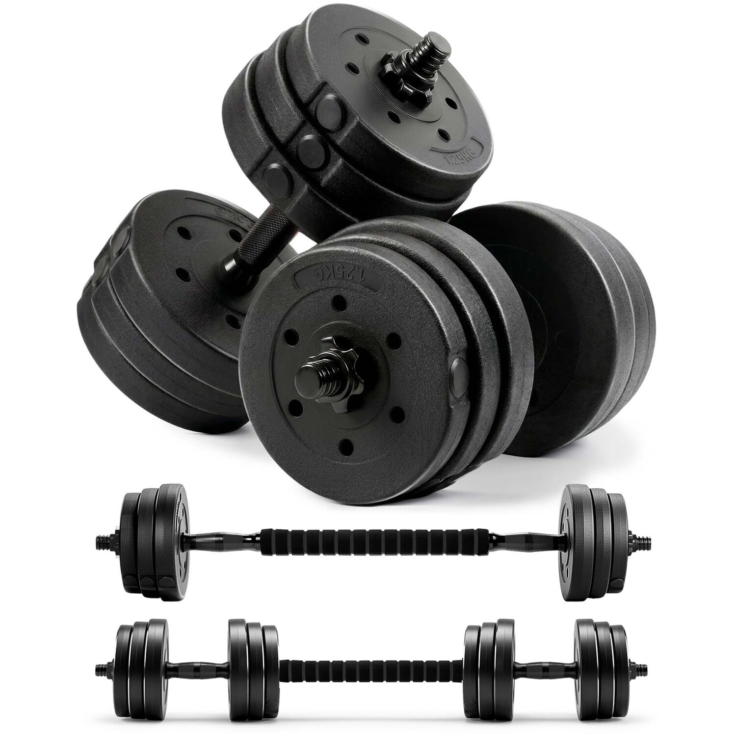 Kayman 12Kg Adjustable Dumbbell & Barbell Set - Home Gym 2-In-1 Free Weights - 20Kg / Adjustable Dumbbell Barbell Set With Plastic Plates And Connecto