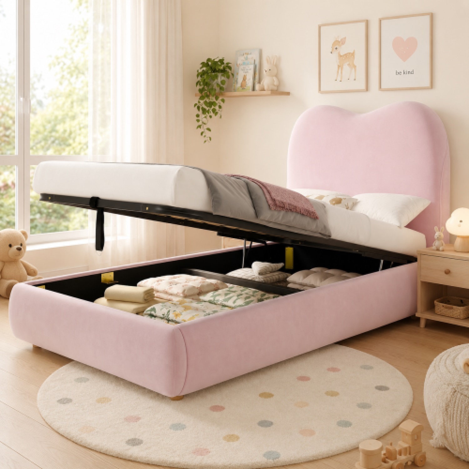 Aka Upholstered Hydraulic Bed With Headboard And Large Storage Space - Pink
