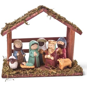 Ceramic Nativity Scene in a Wooden Stable