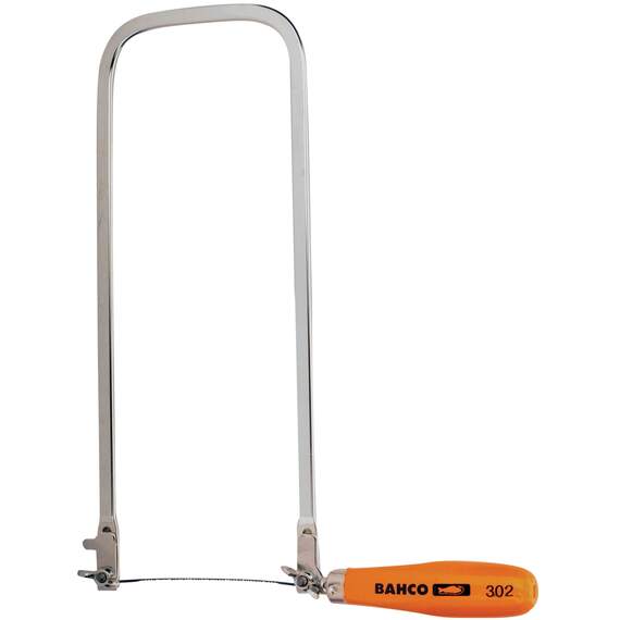 Bahco 302 fretsaw 130mm (5in) - flat plated steel frame, beech handle, 308mm bow depth