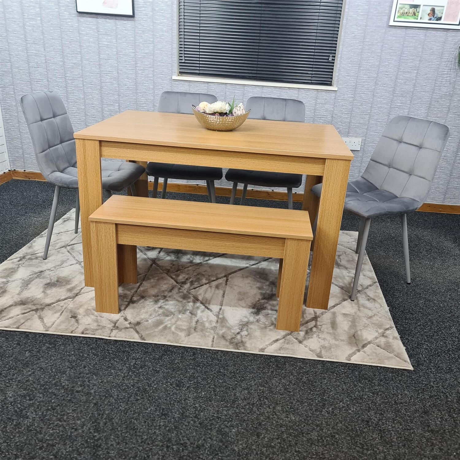 Kosy Koala Unisex Brown 6 Seater Light Wood Dining Table Set With 4 Grey Velvet Chairs Bench In - Image 2