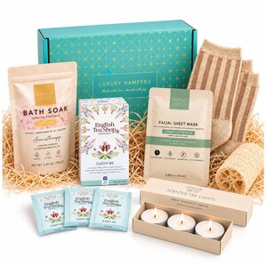 Adult Turquoise Spa Gift Hamper Pamper Set - Bath Soak, Socks, Facial Mask, Tea Lights, Loofah