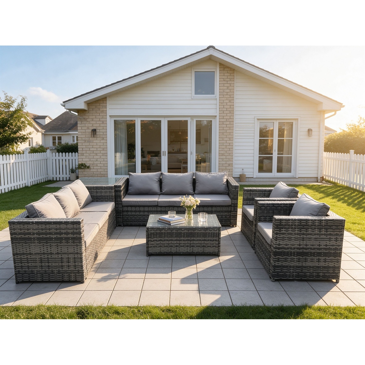 B&Q - 8 Seater Outdoor Lounge Sofa Set Wicker Pe Rattan Garden Furniture Set With 2 Armchair Oblong Coffee Table Side Table - Image 2
