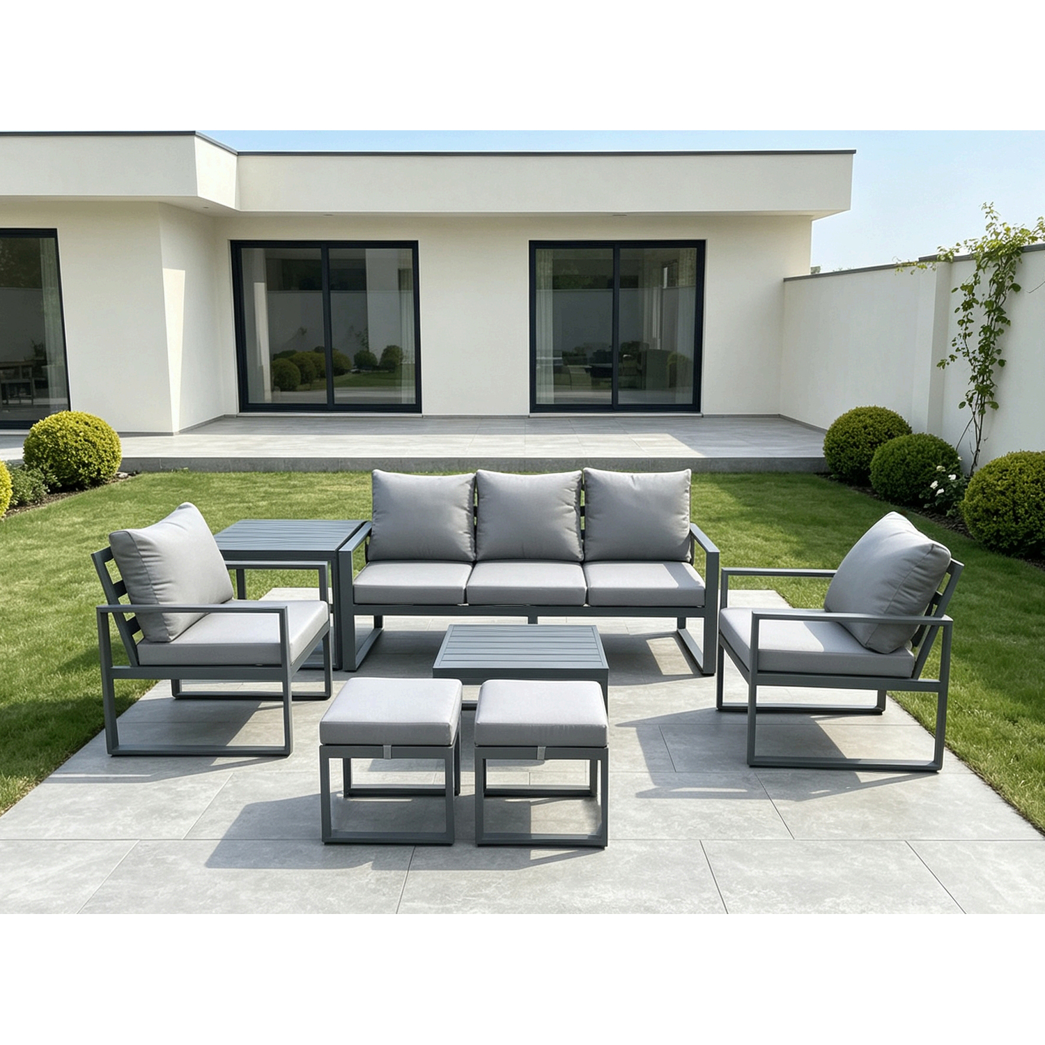 Fimous Unisex Dark Grey Aluminium 7 Seater Outdoor Lounge Sofa Set Garden Furniture Sets With Square Coffee Table 2 Chairs 2 Footstools Side Table Small - Image 2