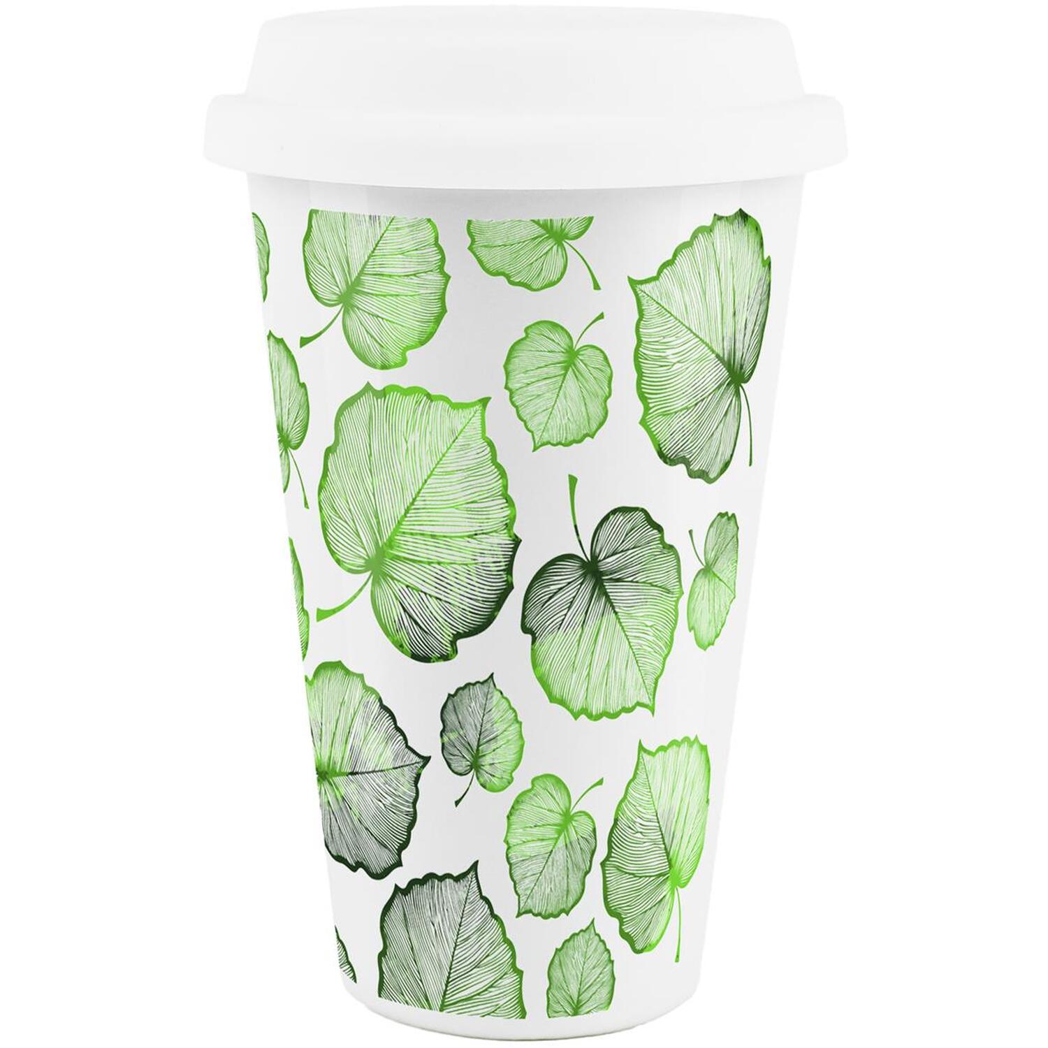 B&Q - Delicate Summer Leaves Ceramic Travel MugGreen Foliage Reusable Silicone Lid Double-Walled Insulated Hot/cold Drinks Gift Mug - Image 2