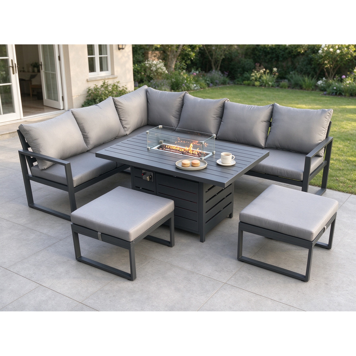 Rackhams Dark/Grey Aluminium Patio Outdoor Garden Furniture Corner Sofa Set Gas Fire Pit Dining Table With 2 Big Footstools - Image 2