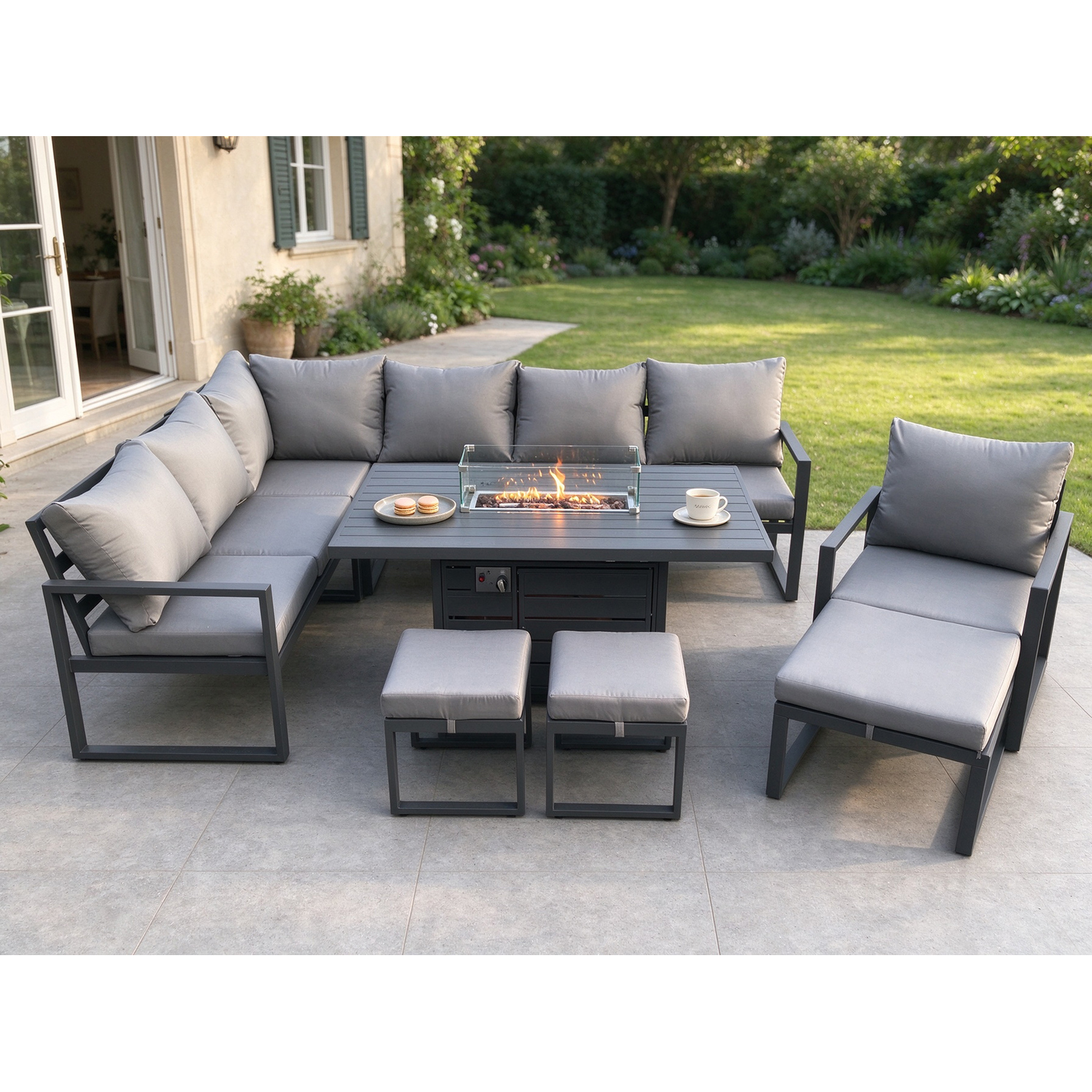 Fimous Unisex Dark Grey Aluminium Pieces Garden Furniture Corner Sofa Set With Cushions Gas Fire Pit Dining Table Set With Chair 3 Footstools Size 9 - Image 2