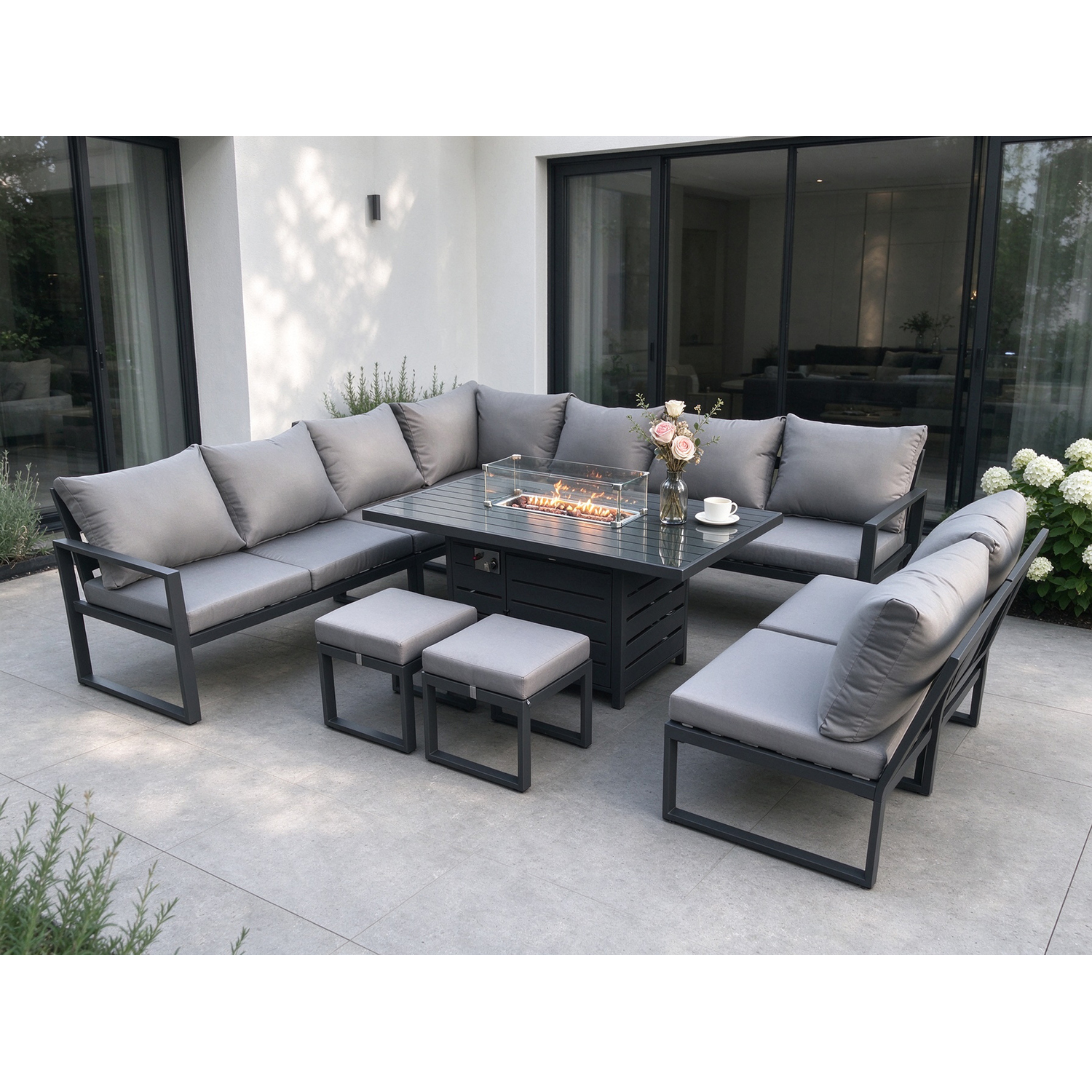 Fimous Aluminium 11 Seater Lounge Corner Sofa Outdoor Garden Furniture Sets Gas Fire Pit Dining Table Set With 2 Small Footstools Dark Grey - Image 3