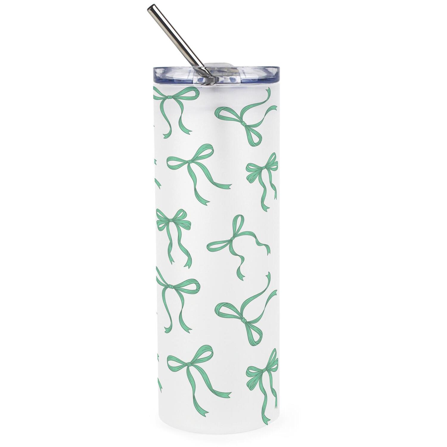 Green Bows Glass Travel Flask - Reusable Frosted Drinks Cup Gift with Straw - Image 2