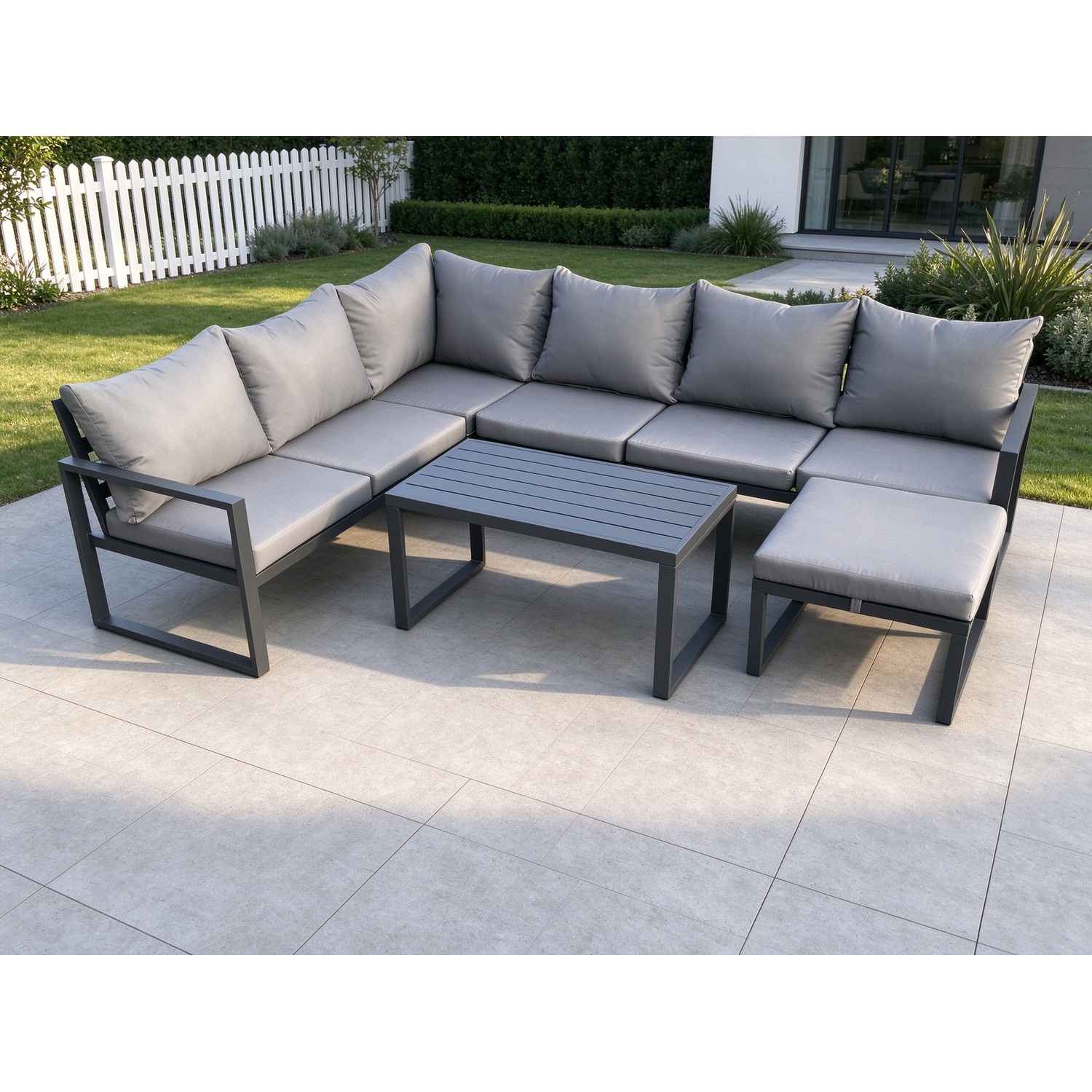 Fimous Aluminium Garden Furniture Set Outdoor Indoor Lounge Corner Sofa Oblong Coffee Table Sets With Big Footstool Dark Grey - Image 3
