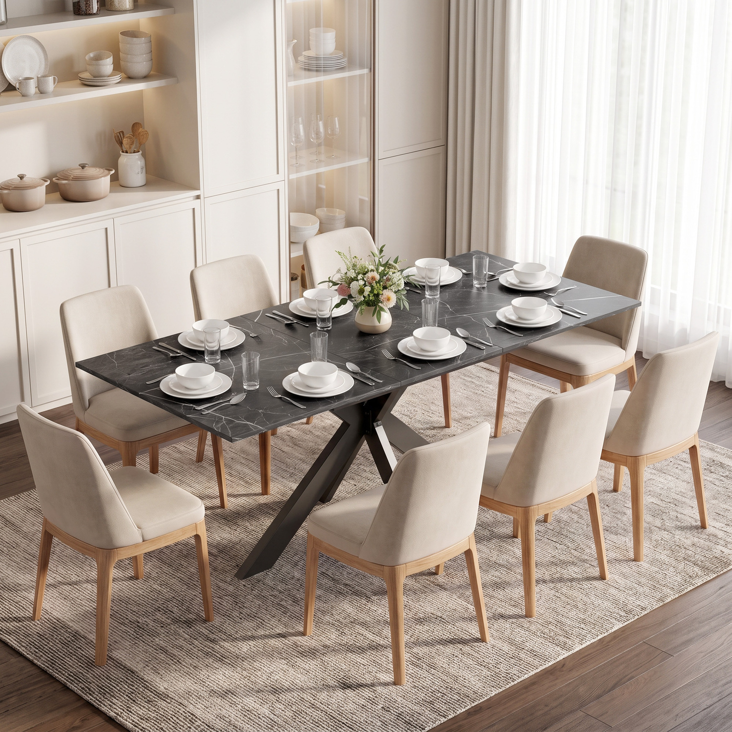 Homcom Black Extendable Dining Table For 4-8 People, Marble Effect - Marble Effect - Image 3