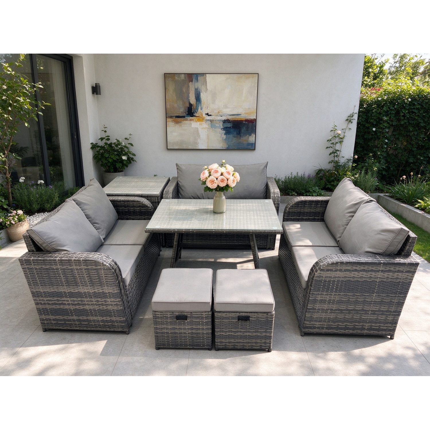 Fimous Rattan Garden Furniture Set 8 Seater Patio Outdoor Love Sofa Set With Rectangular Dining Table Side Table 2 Small Footstools Dark Grey Mixed - Image 3