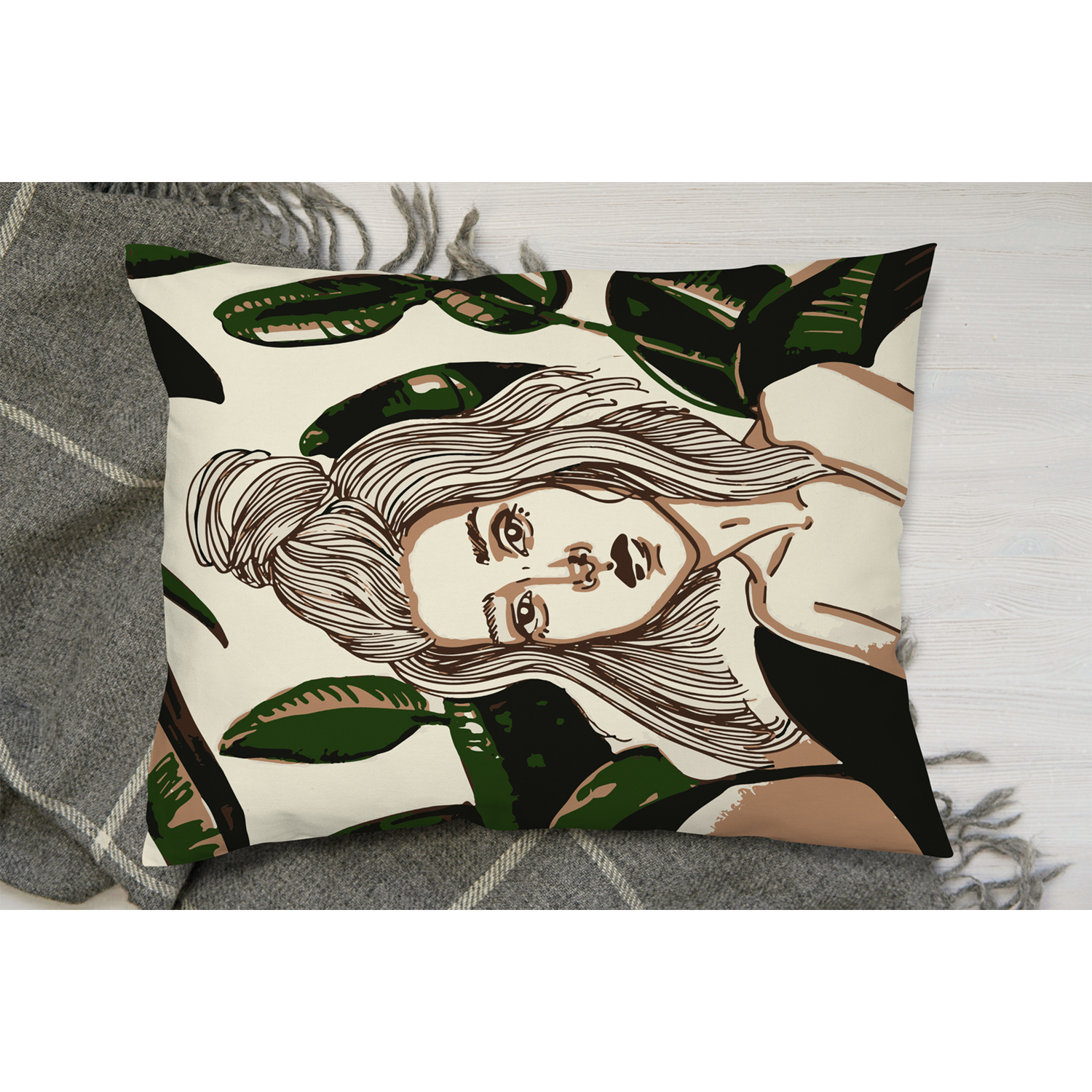 Young Woman In Tropical Leaves Cushion - Green
