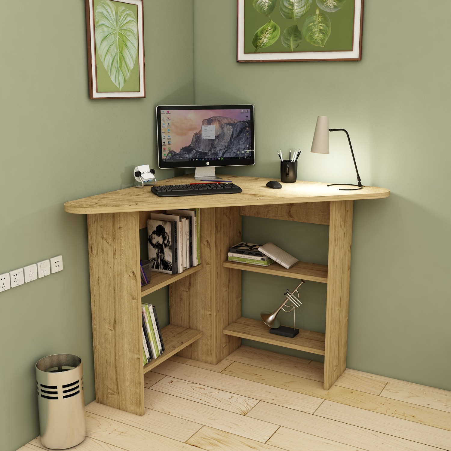 Corner Corner Computer Desk With Shelves - Sapphire Oak