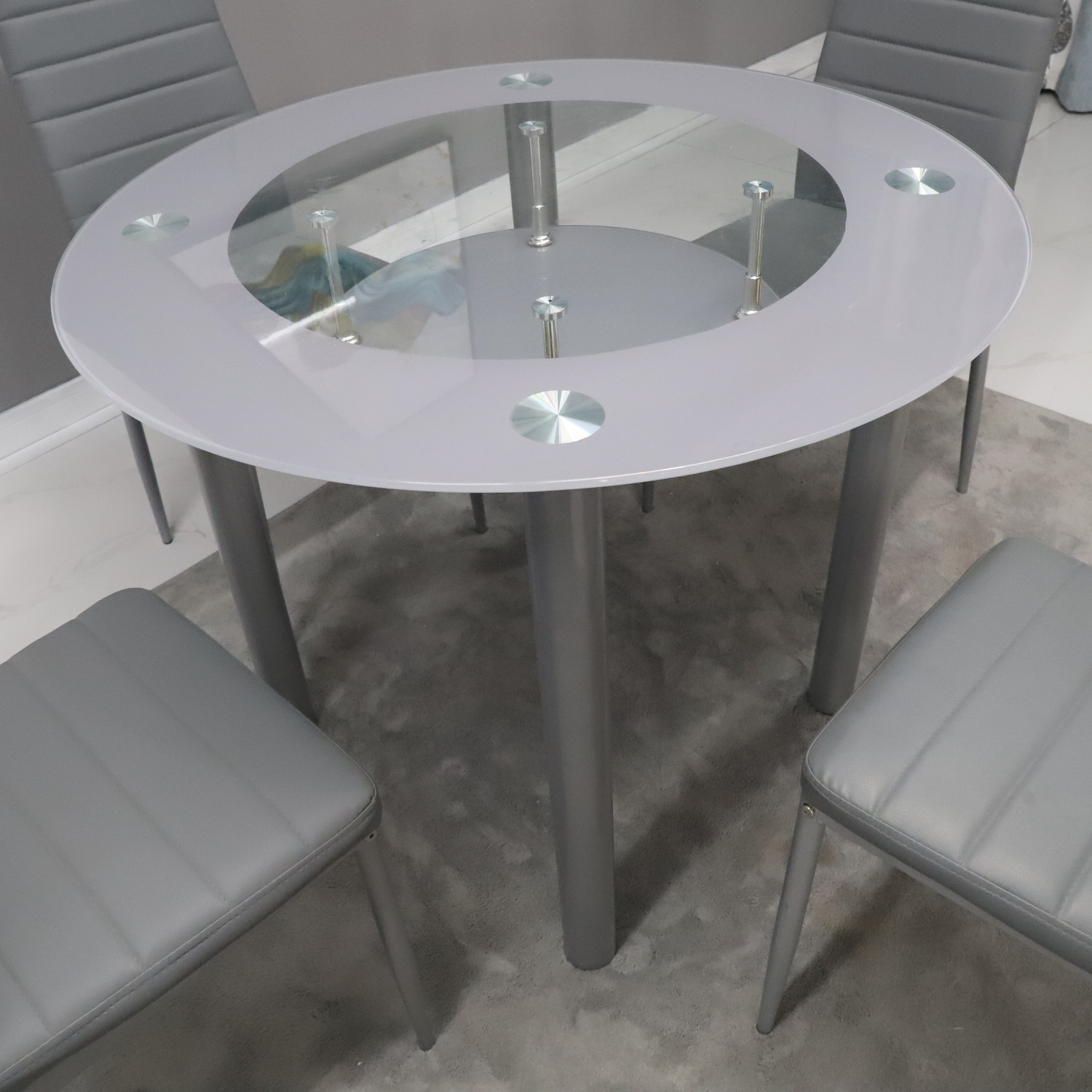 Round Glass Grey Dining Table With Storage Shelf And 4 Grey Metal Chairs Set - Grey