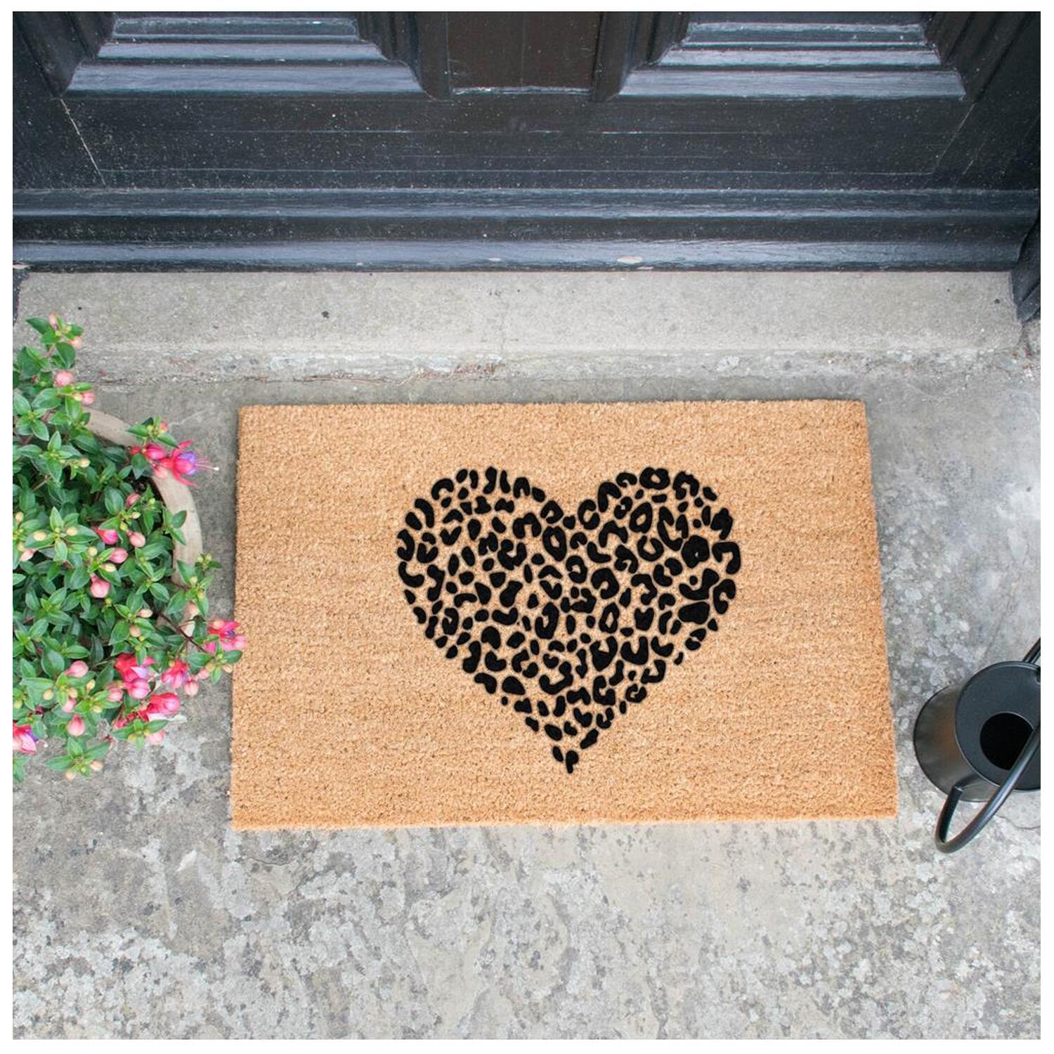 Leopard Print Heart Doormat - Brown
