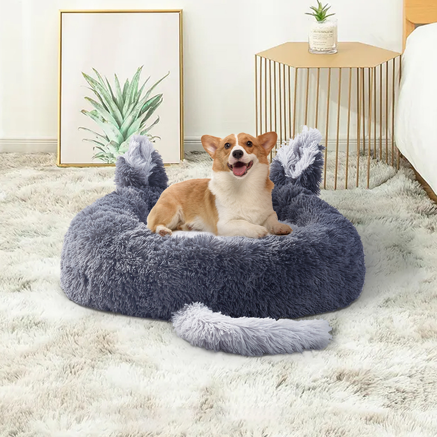 Fluffy Dog Round Bed Donut Plush Cat Nest Sleeping Cushion - Dark Grey / 60cm