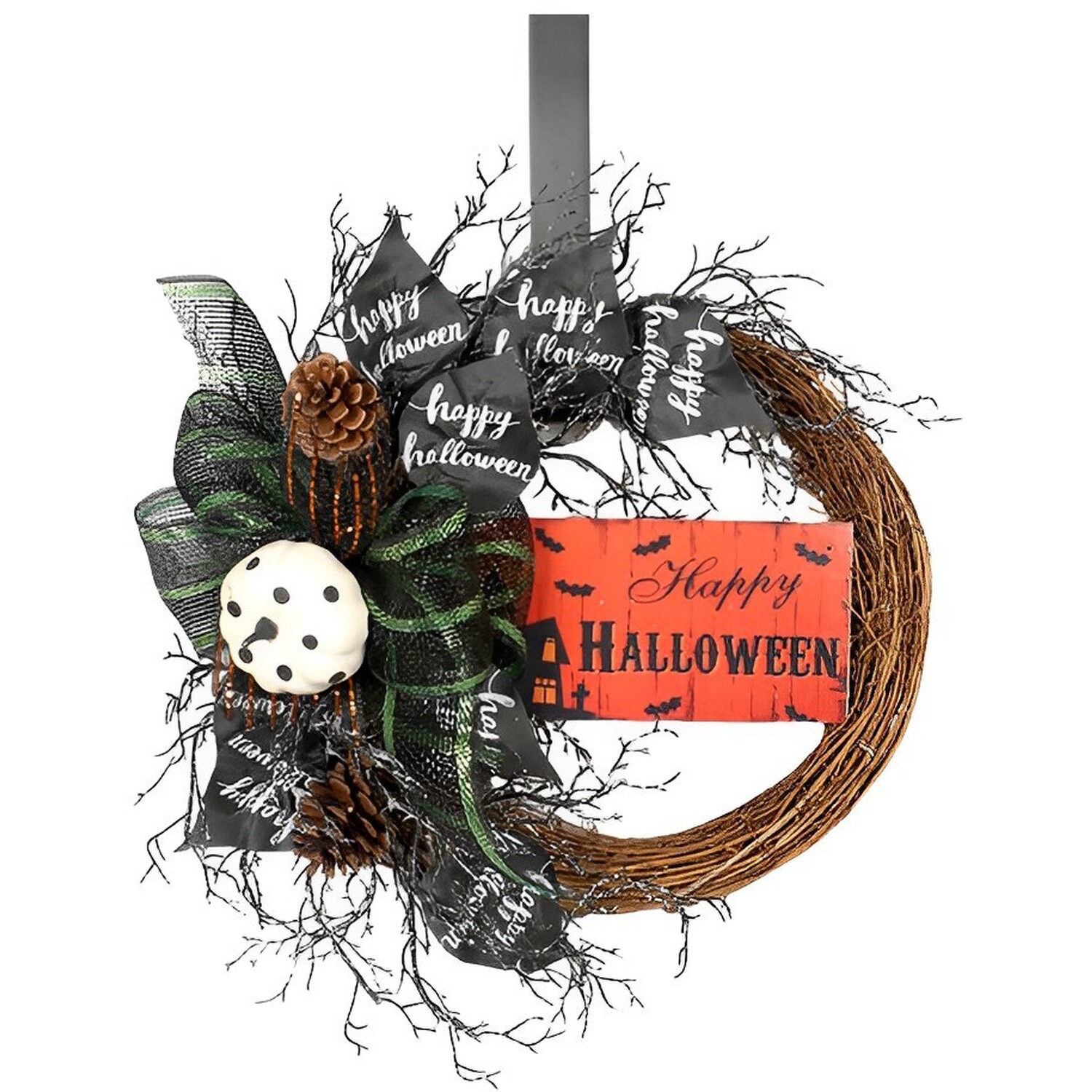 Halloween Wreath with Pumpkin Pine Cone - Green