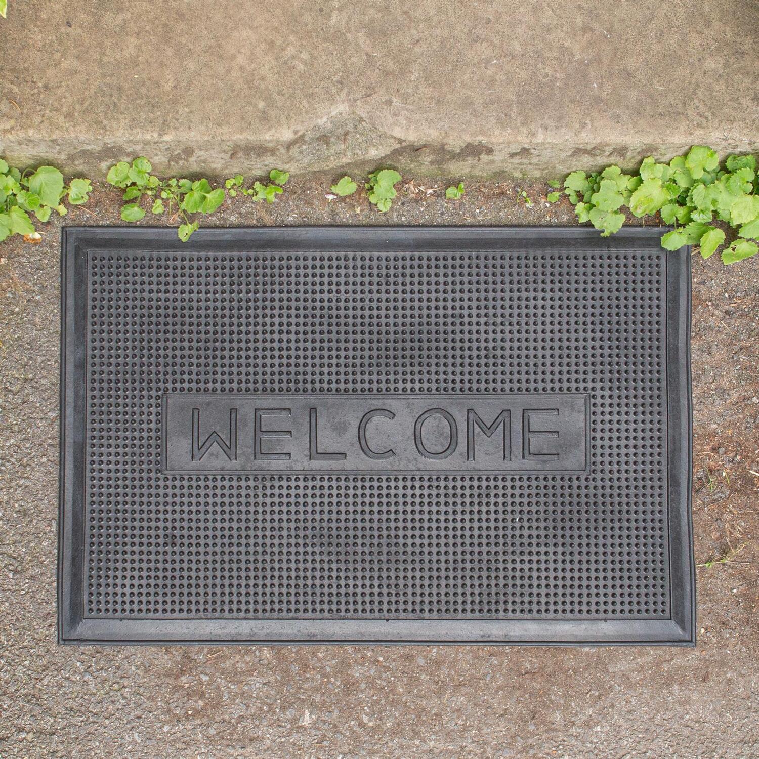 Heavy Duty Rubber Door Mat 60cm x 40cm Black Welcome Pack of 2