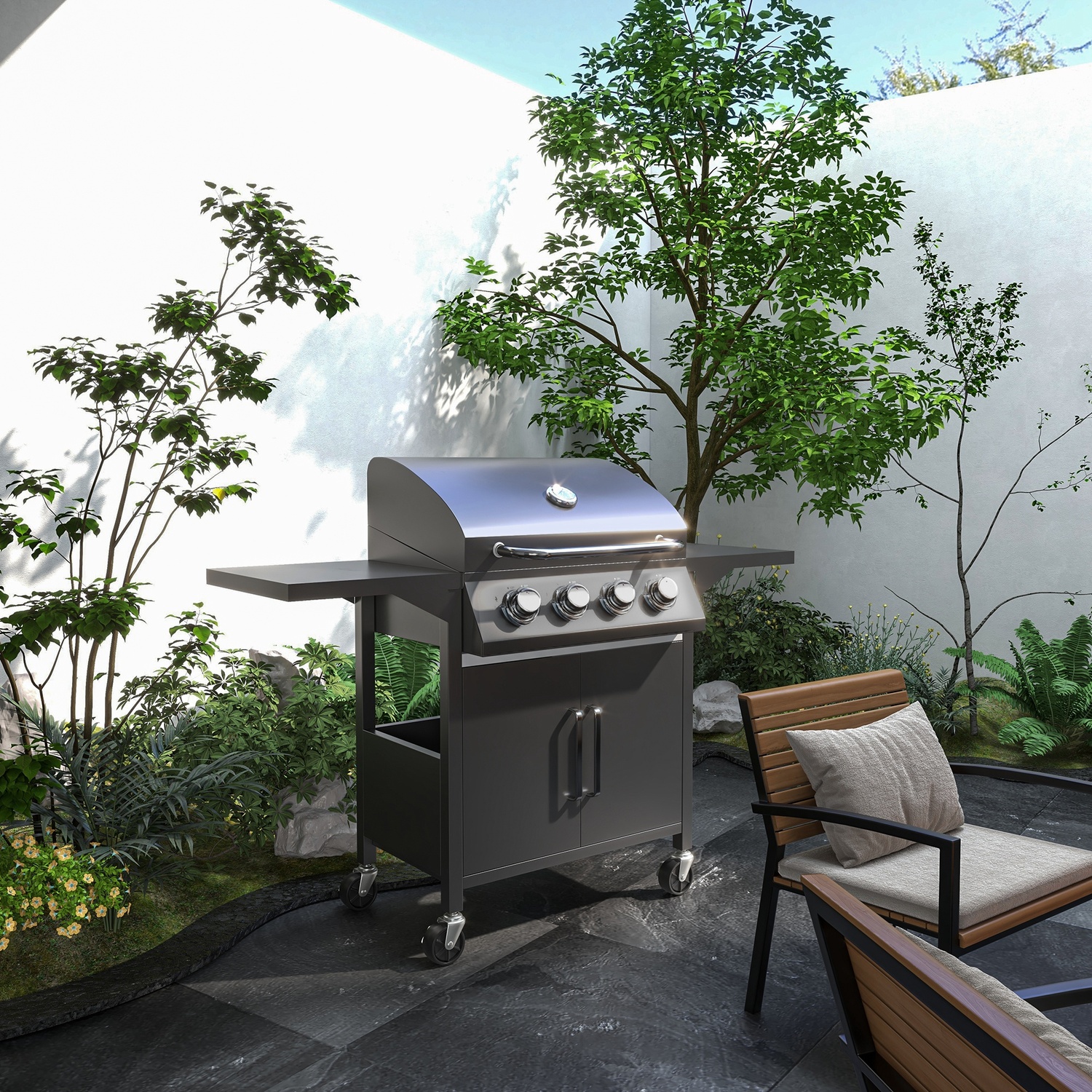 Outsunny 4 Burner Gas BBQ Grill - Black