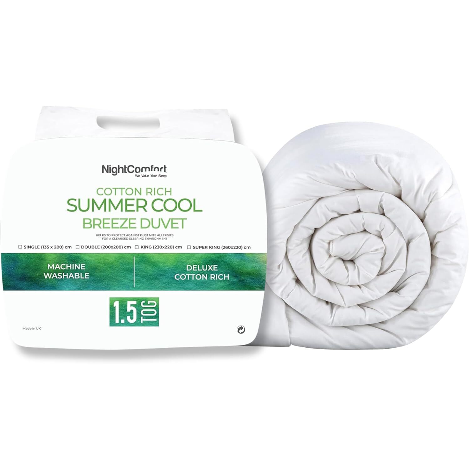 1 5 Tog Ocean Breeze Rich Polycotton Summer Cool Duvet - White King Size
