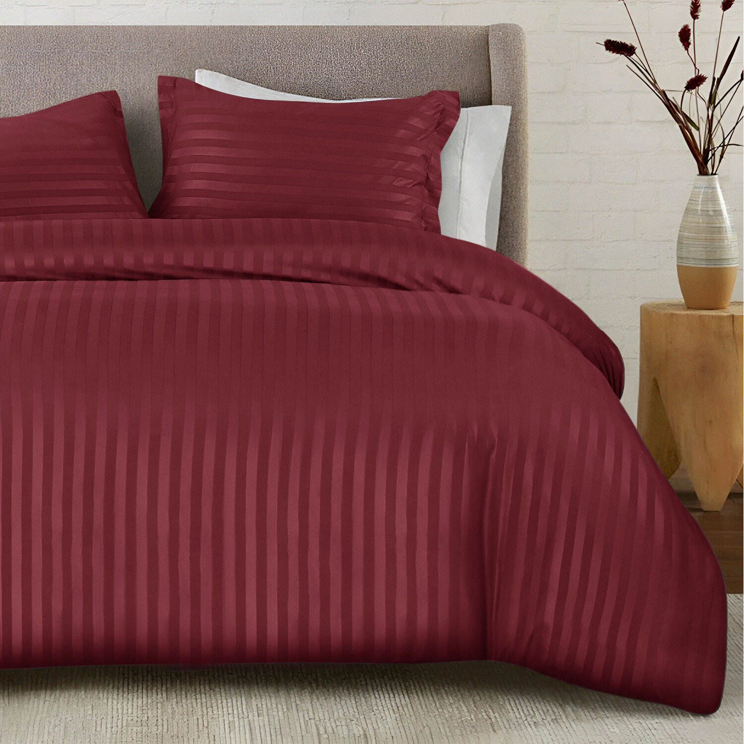 Satin Stripe Duvet Covers - Burgundy Double