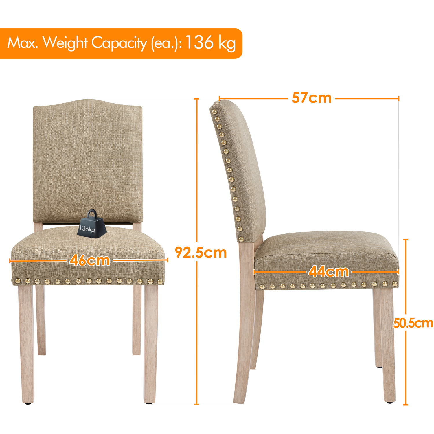 Set Of 2 Fabric Upholstered Dining Chair - Khaki