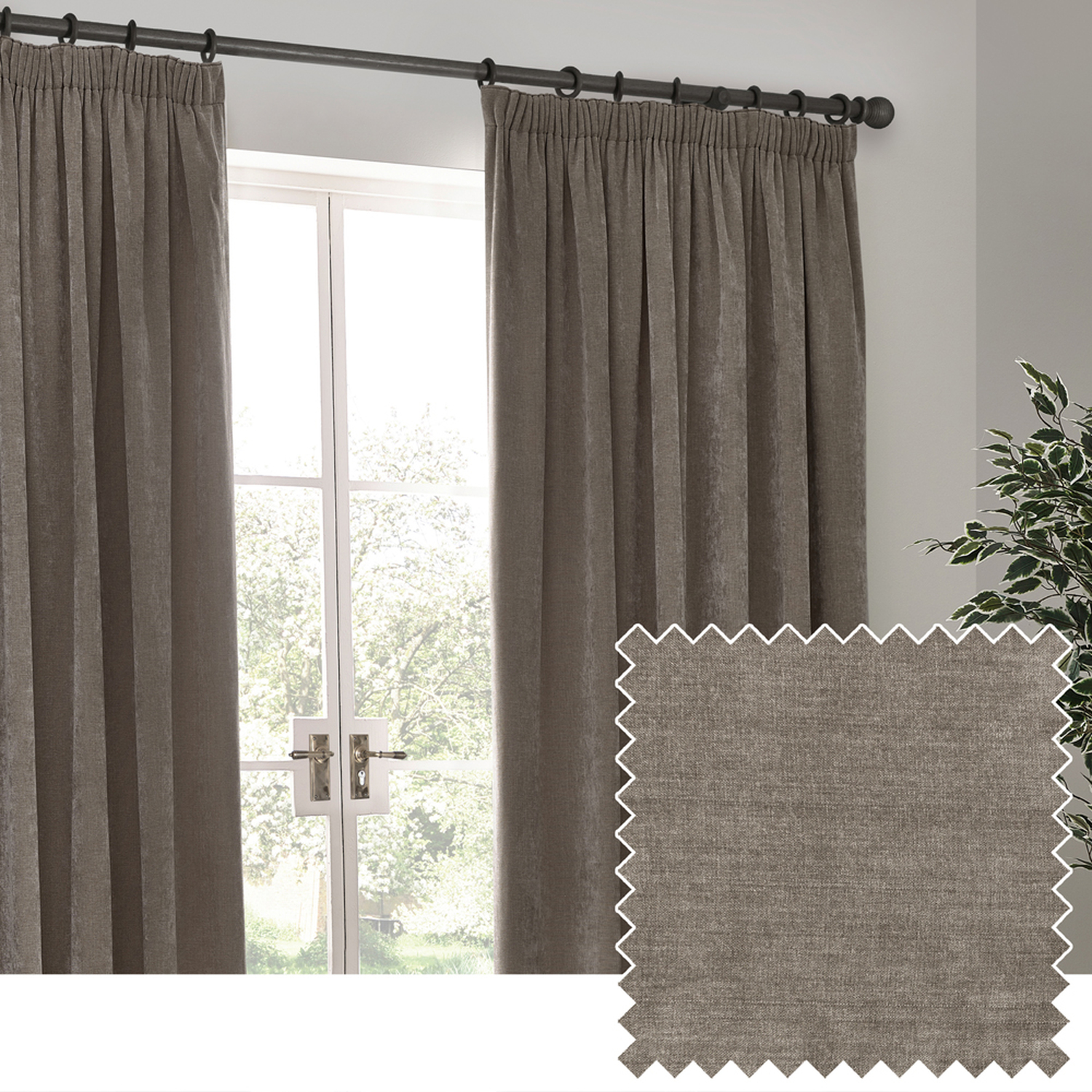 Heavy Chenille Velvet Pencil Pleat Curtains - Greige / 183cm / 229cm