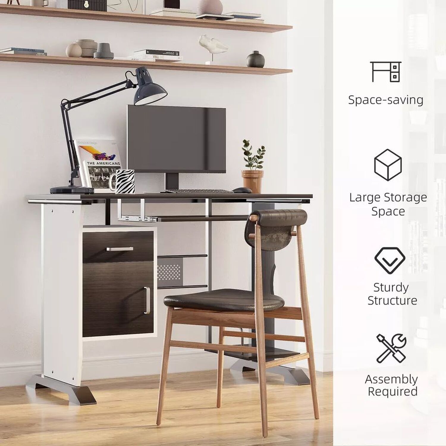 Modern Computer Desk With Drawers And Storage - Black And White 75cm
