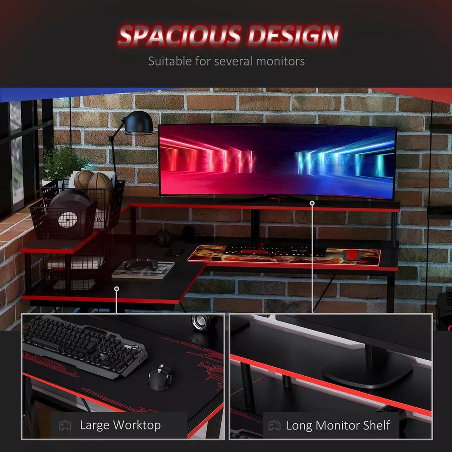L Shaped Gaming Computer Desk - Red And Black