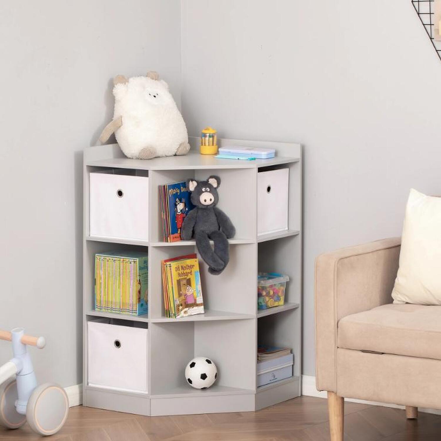 Kids Bookcase 3 Tier Toy Organiser - Grey