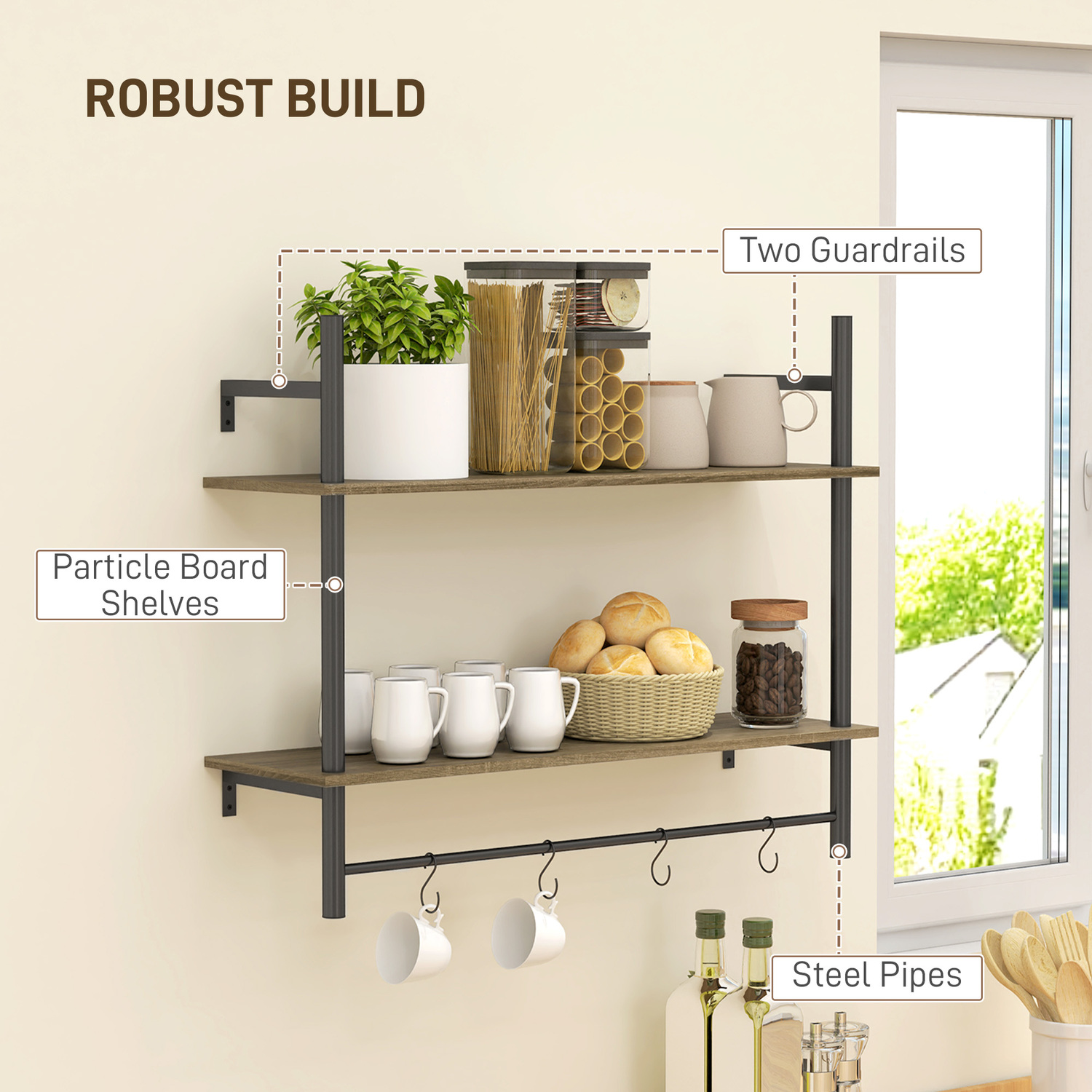 HOMCOM Rustic Wall Shelving Unit with 4 Hooks for Entryway
