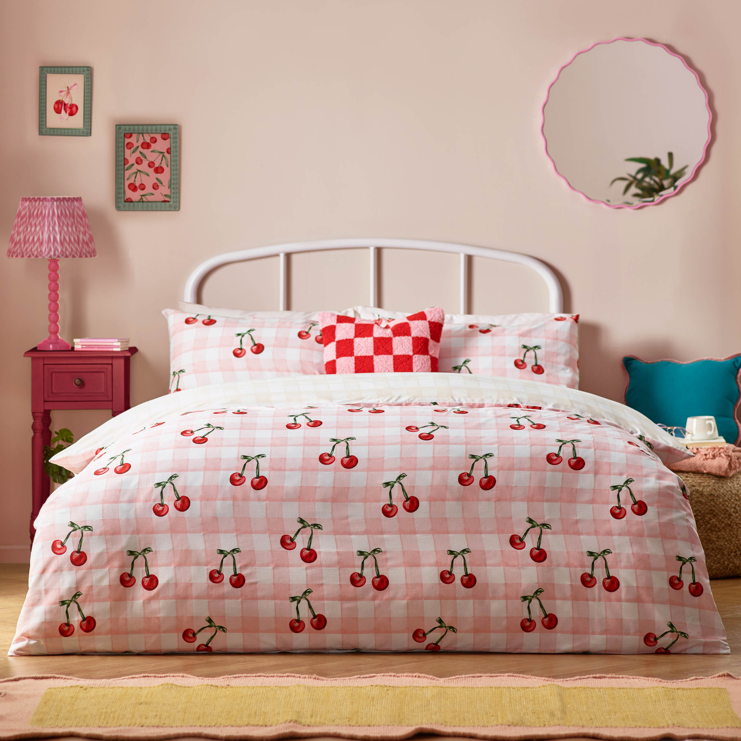Cherry Gingham Printed Duvet Cover Set - Pink Double