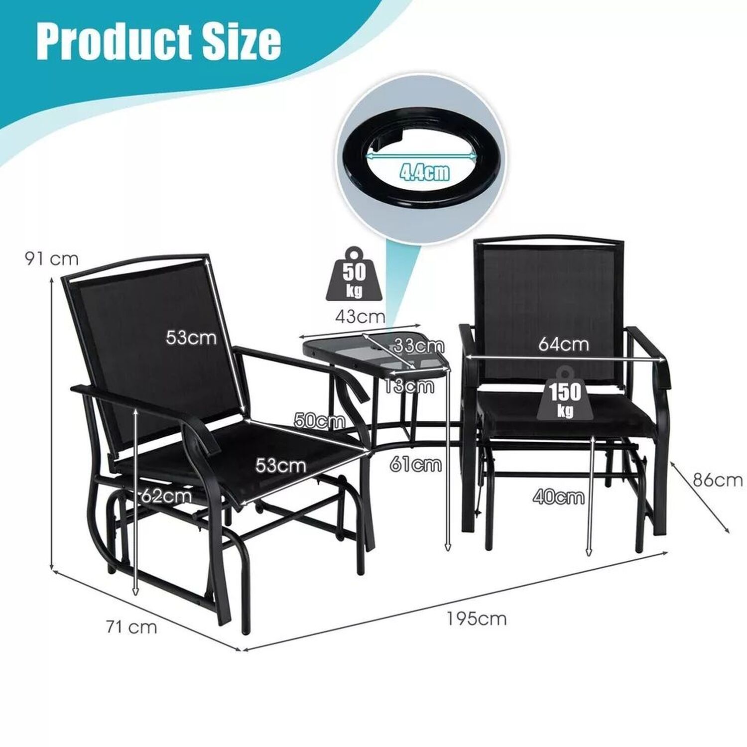 Chair And Table Set Garden With Hole For Umbrella - Black