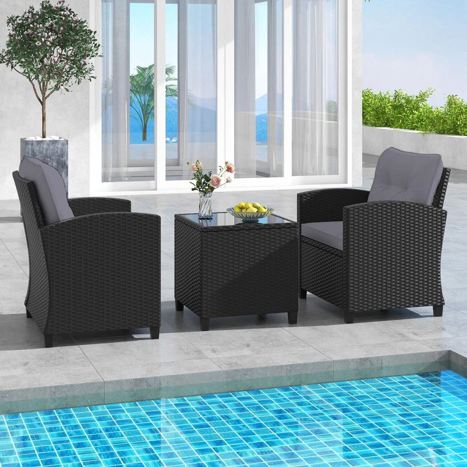 Patio Furniture Bistro Set Rattan With Cushions - Grey